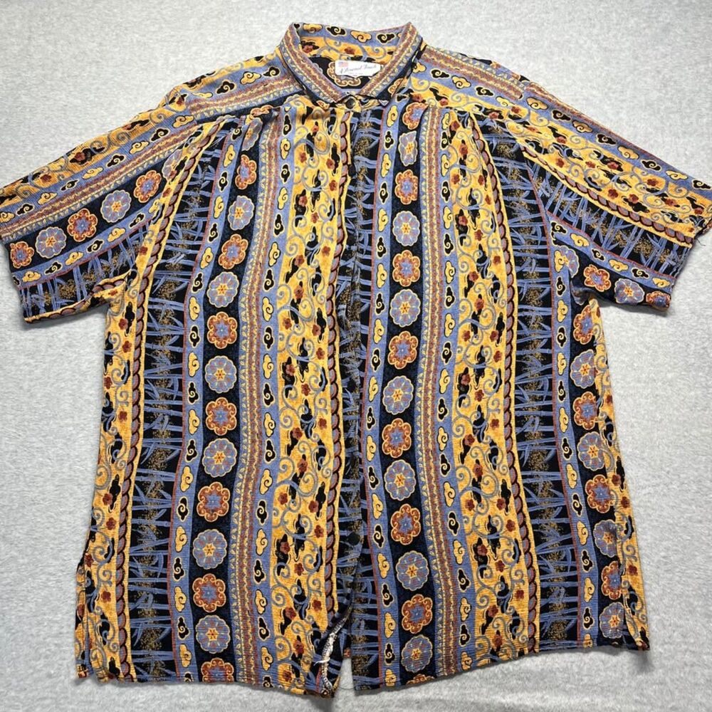 A Personal Touch 2X Ornate Paisley Button Front Shirt Blue Gold 100% Rayon USA